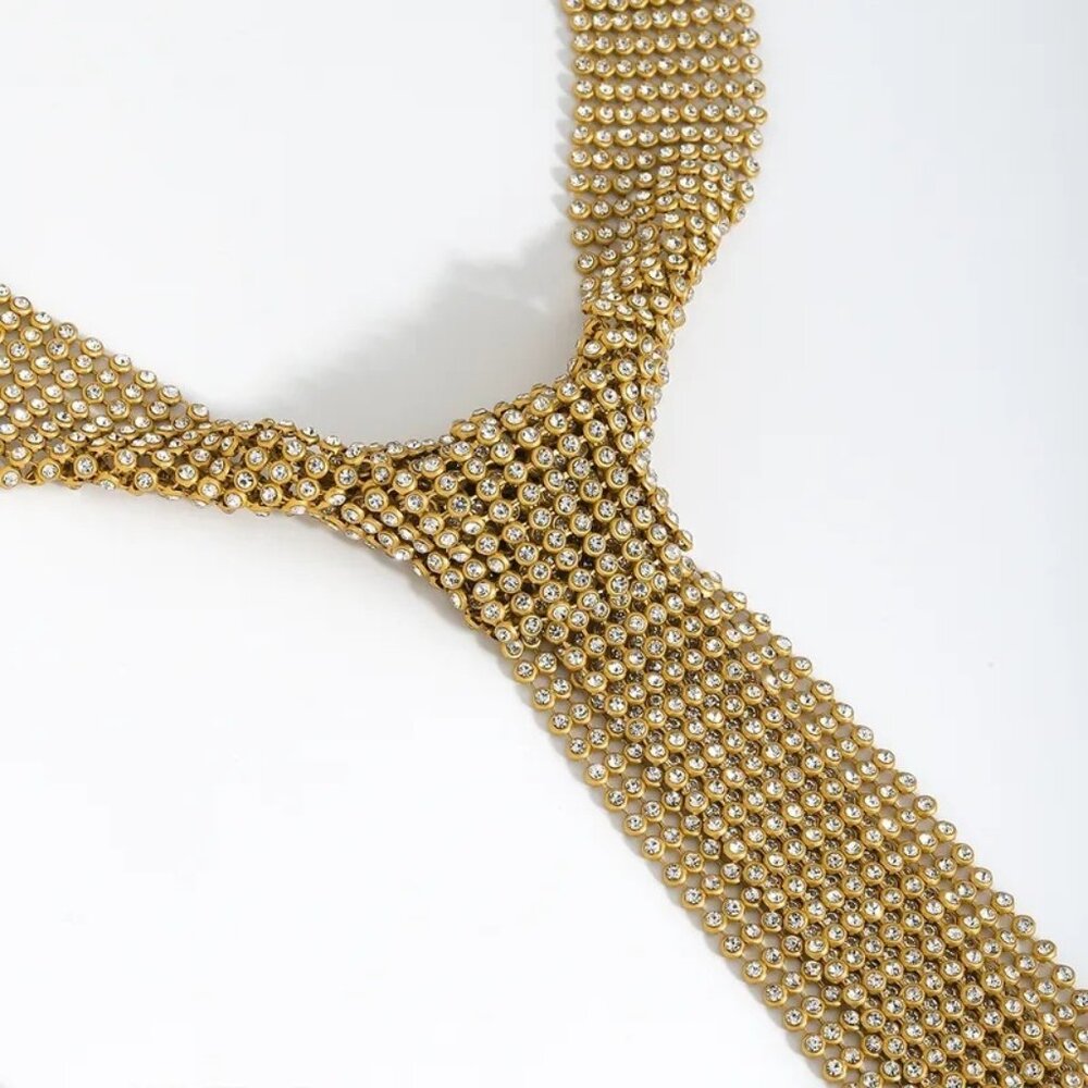 2/$30 Gold Rhinestone Tie Necklace Statement Jewelry
